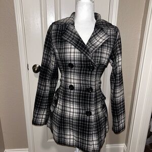 Say What? Black and White Plaid Pea Coat